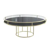 Gold round CORNELL table with black plastic shelf and clear glass top