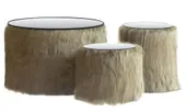 NORMAN FUR TABLES, set of 3 round poufs with mirrored tops, green fur #824