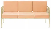 Three-seater lounge sofa with gold metal frame, open back and velvet cushions—centerpiece lounge setup (rental, Dubai).
