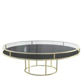 Gold round CORNELL KIDS table with black plastic shelve and clear glass top