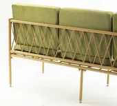 Three-seater lounge sofa with gold metal frame, open back and velvet cushions—centerpiece lounge setup (rental, Dubai).