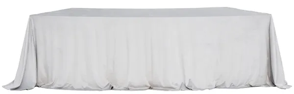 LARGO velvet tablecloth on a serpentine (wave) table — seamless top, floor-length drape with soft corner pooling.