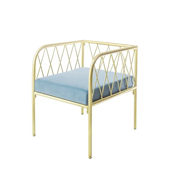 Lounge bench with gold metal frame and velvet cushion(s), visually light centerpiece setup (rental, Dubai).