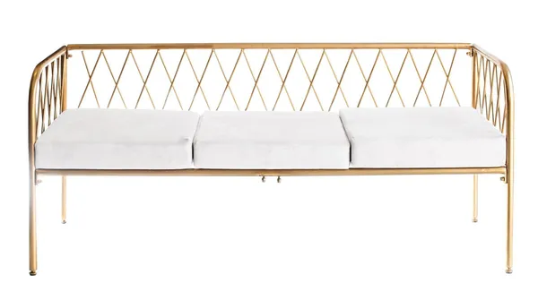 Lounge bench with gold metal frame and velvet cushion(s), visually light centerpiece setup (rental, Dubai).