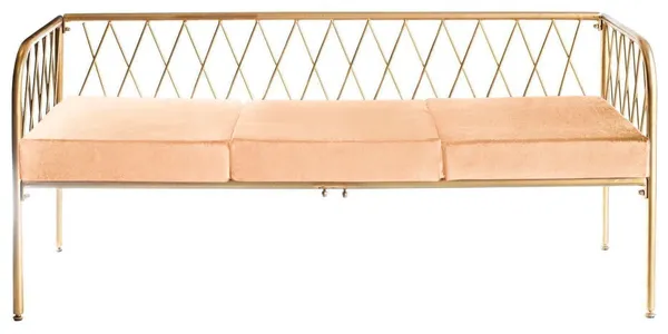 Lounge bench with gold metal frame and velvet cushion(s), visually light centerpiece setup (rental, Dubai).