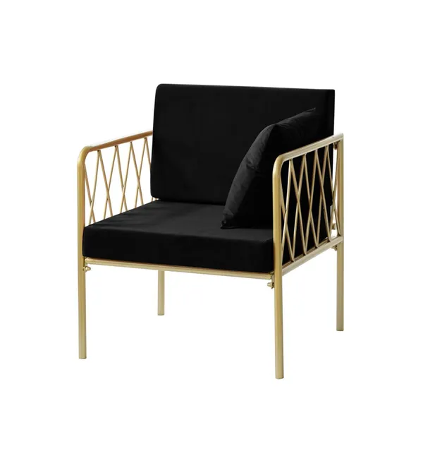 Single-seat lounge armchair with gold metal frame, open back and velvet cushion—accent lounge setup (rental, Dubai).
