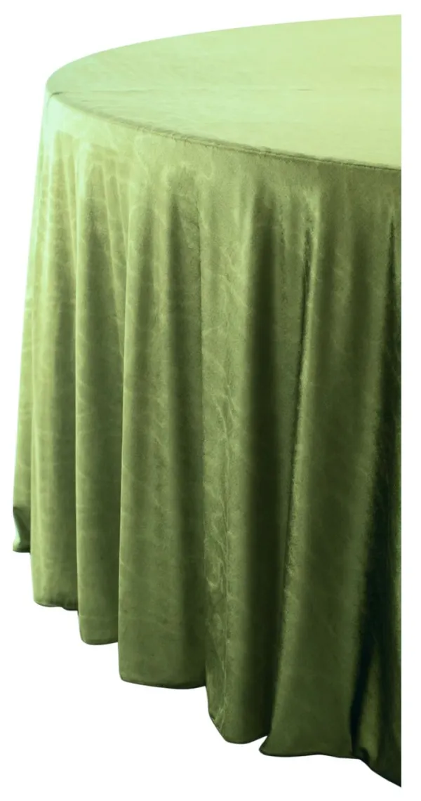 Pearlescent velvet round tablecloth, floor-length on a 180 cm table, with heavy vertical folds.
