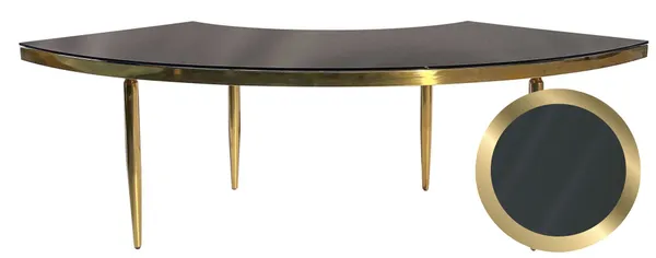 Gold metal table with a glossy black tempered glass top, styled for premium evening events.