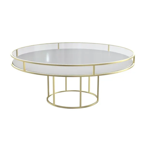Gold round CORNELL table with white plastic shelve and clear glass top 
