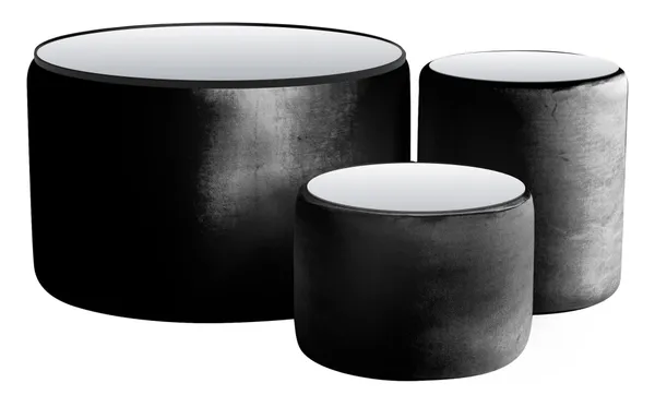 NORMAN TABLES, set of 3 round poufs with mirrored tops, black #112