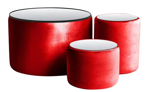 NORMAN TABLES, set of 3 round poufs with mirrored tops, ice red #342