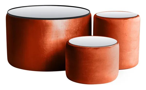 NORMAN TABLES, set of 3 round poufs with mirrored tops, pumpkin color #345