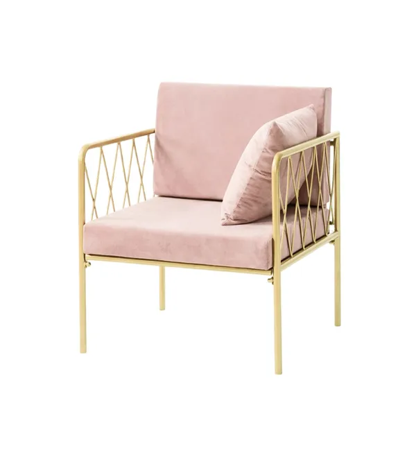 Single-seat lounge armchair with gold metal frame, open back and velvet cushion—accent lounge setup (rental, Dubai).