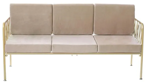 Three-seater lounge sofa with gold metal frame, open back and velvet cushions—centerpiece lounge setup (rental, Dubai).