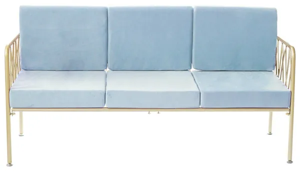 Three-seater lounge sofa with gold metal frame, open back and velvet cushions—centerpiece lounge setup (rental, Dubai).