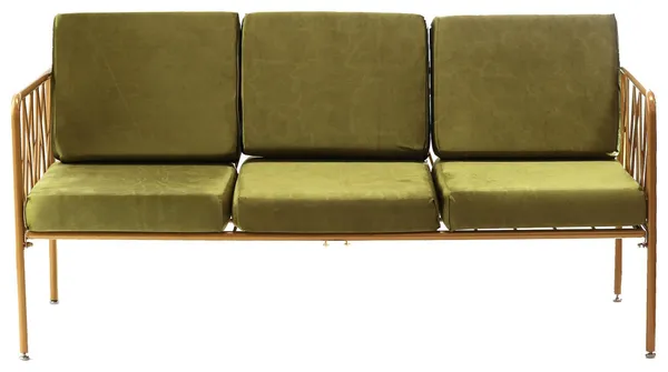 Three-seater lounge sofa with gold metal frame, open back and velvet cushions—centerpiece lounge setup (rental, Dubai).