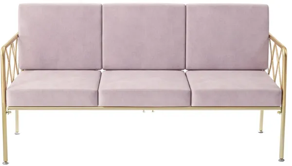 Three-seater lounge sofa with gold metal frame, open back and velvet cushions—centerpiece lounge setup (rental, Dubai).