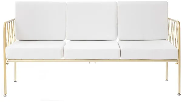 Three-seater lounge sofa with gold metal frame, open back and velvet cushions—centerpiece lounge setup (rental, Dubai).