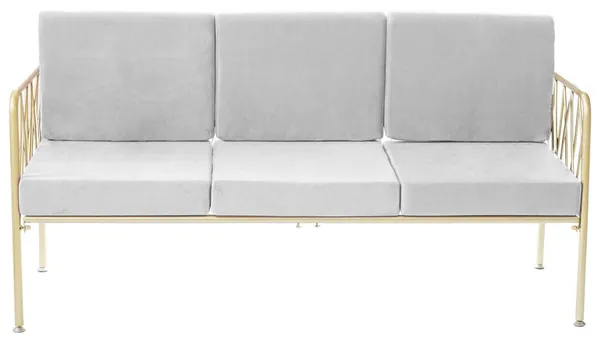 Three-seater lounge sofa with gold metal frame, open back and velvet cushions—centerpiece lounge setup (rental, Dubai).
