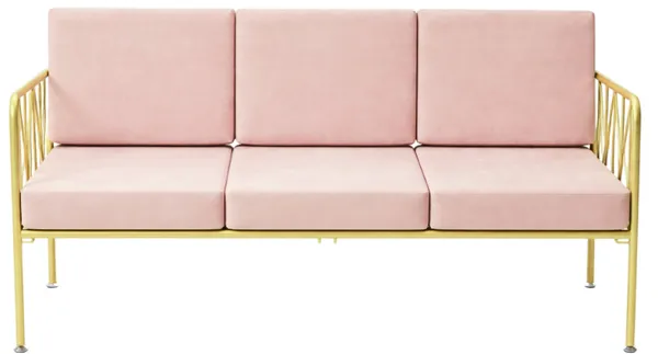 Three-seater lounge sofa with gold metal frame, open back and velvet cushions—centerpiece lounge setup (rental, Dubai).