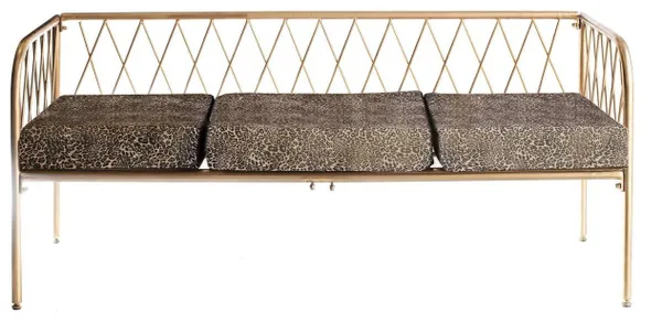 Lounge bench with gold metal frame and velvet cushion(s), visually light centerpiece setup (rental, Dubai).