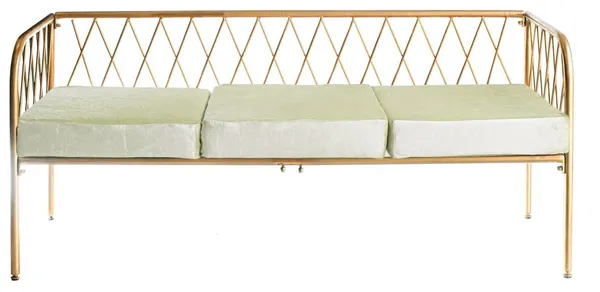 Lounge bench with gold metal frame and velvet cushion(s), visually light centerpiece setup (rental, Dubai).