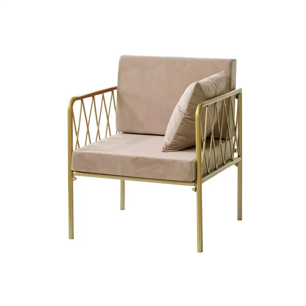 Single-seat lounge armchair with gold metal frame, open back and velvet cushion—accent lounge setup (rental, Dubai).