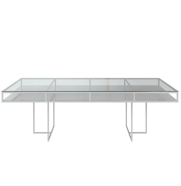 White rectangular CORNELL table with white plastic shelve and clear glass top