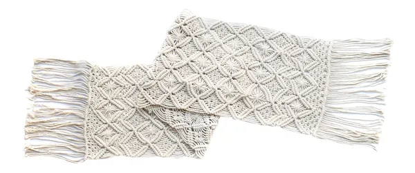 HORN boho runner — handwoven macrame table runner in natural cotton with geometric design and fringes.