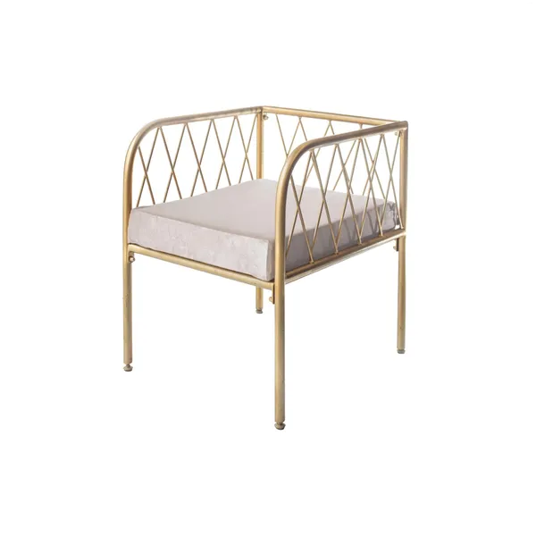 Lounge bench with gold metal frame and velvet cushion(s), visually light centerpiece setup (rental, Dubai).