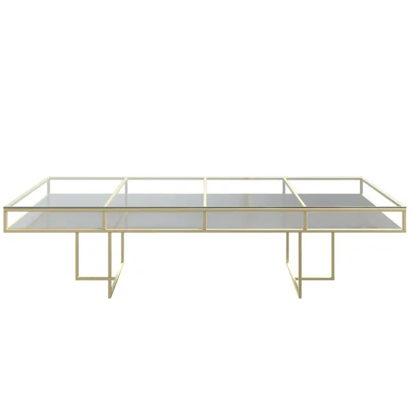 Gold rectangular CORNELL KIDS table with white plastic shelve and clear glass top 