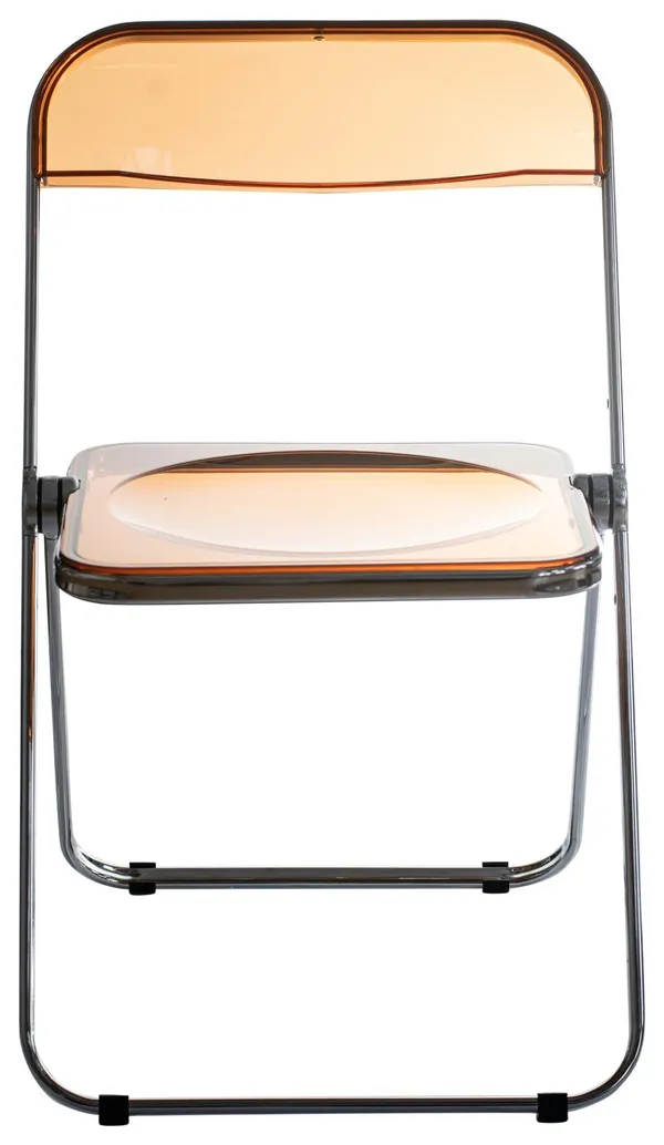 Transparent amber folding chair with a chrome frame — warm-toned, lightweight, and ideal for elegant yet budget-friendly event setups.