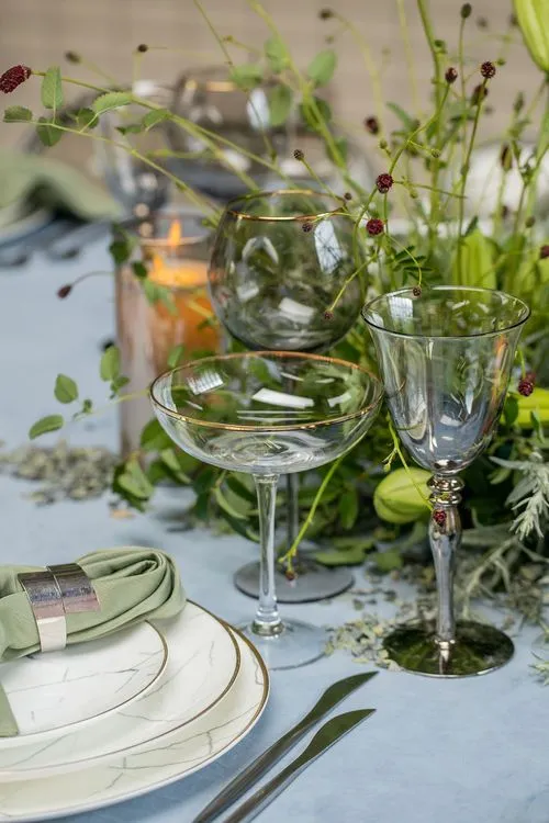 Ash-pistachio table setting at rectangular table