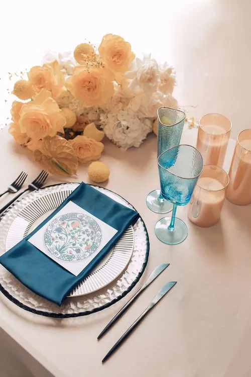 Beige table setting with blue accents