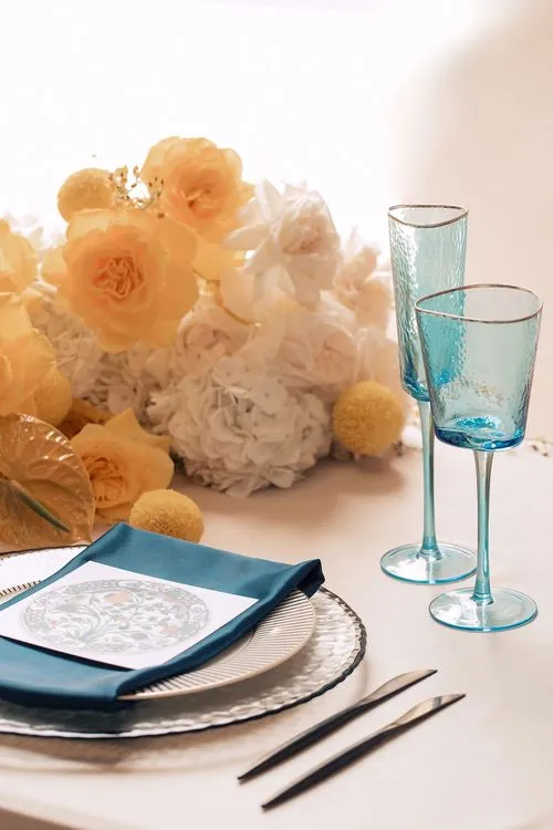 Beige table setting with blue accents