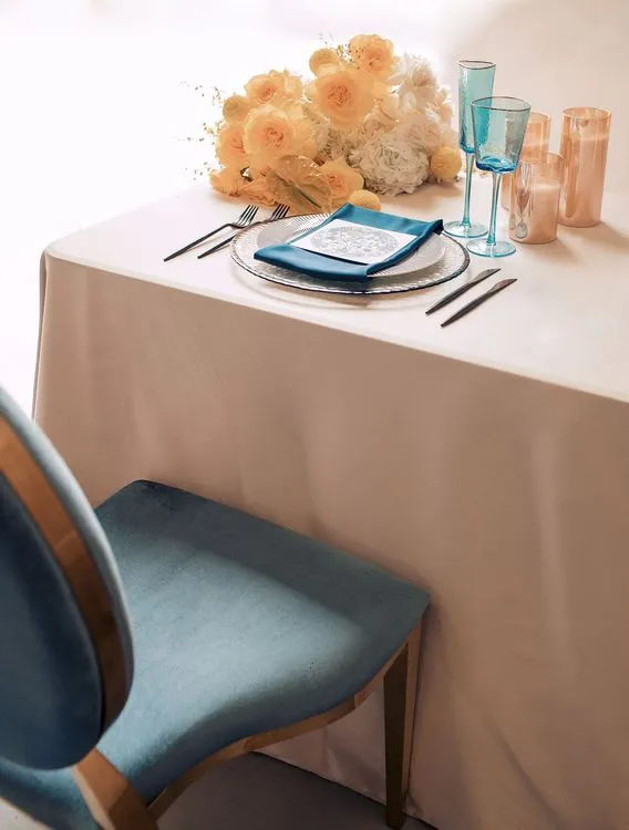 Beige table setting with blue accents