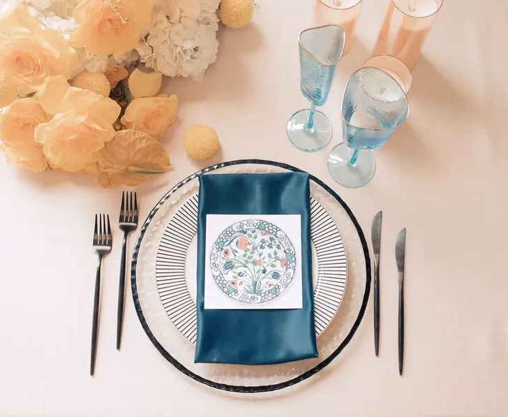 Beige table setting with blue accents