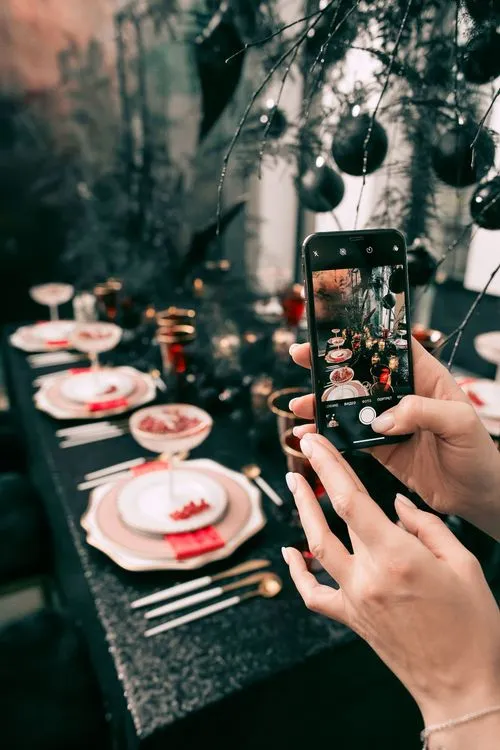 Black-Sequin Rectangular Table — Berries, Red Highlights, Candles