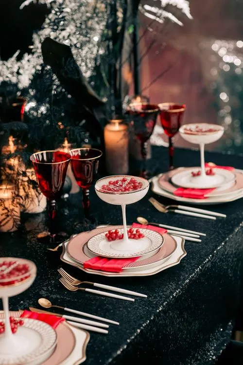 Black-Sequin Rectangular Table — Berries, Red Highlights, Candles