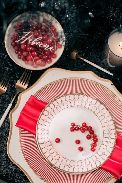 Black-Sequin Rectangular Table — Berries, Red Highlights, Candles