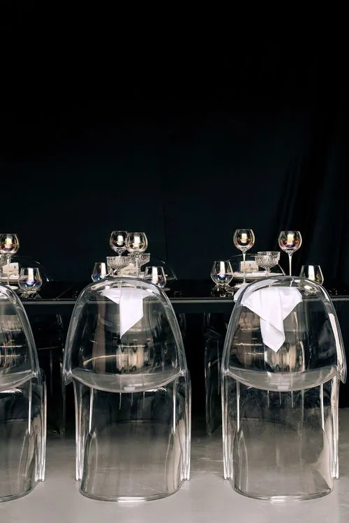 Black-white table setting at rectangular table