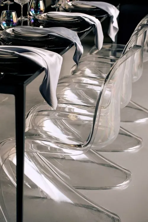 Black-white table setting at rectangular table