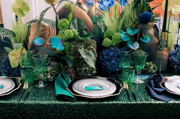 Blue-Green Sequin Gleam — Rectangular Tablescape