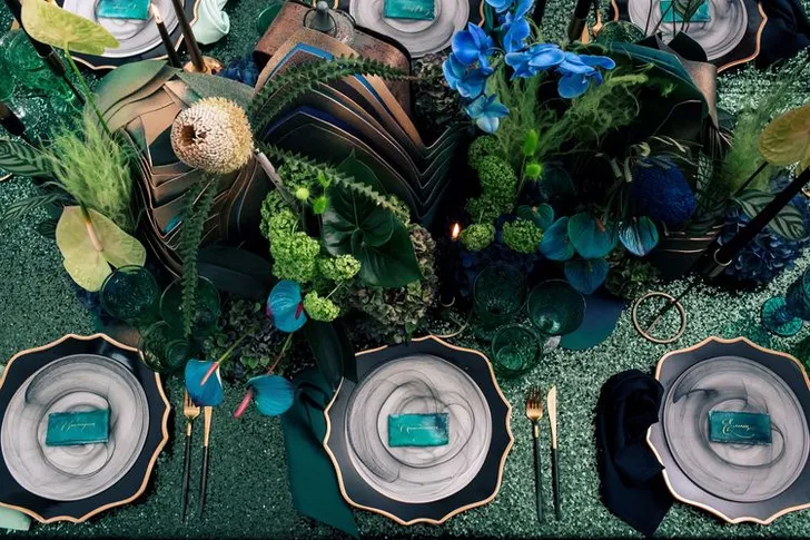 Blue-Green Sequin Gleam — Rectangular Tablescape