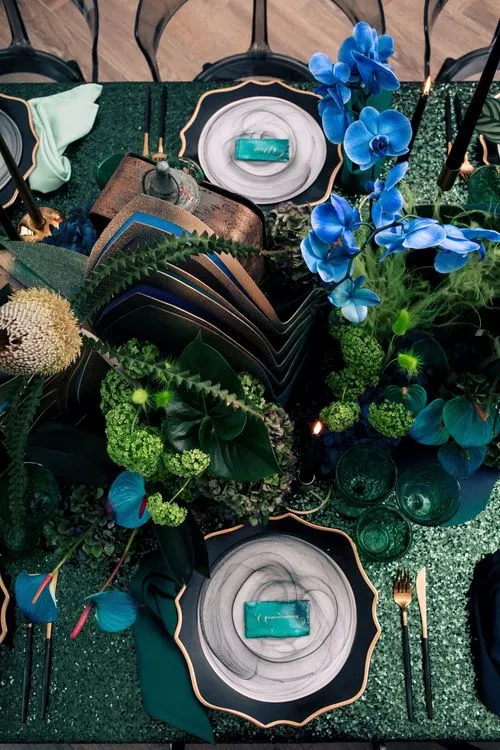 Blue-Green Sequin Gleam — Rectangular Tablescape