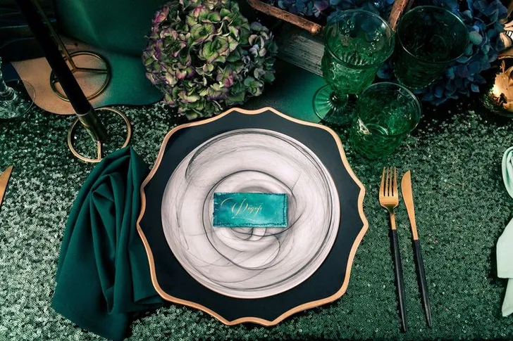 Blue-Green Sequin Gleam — Rectangular Tablescape