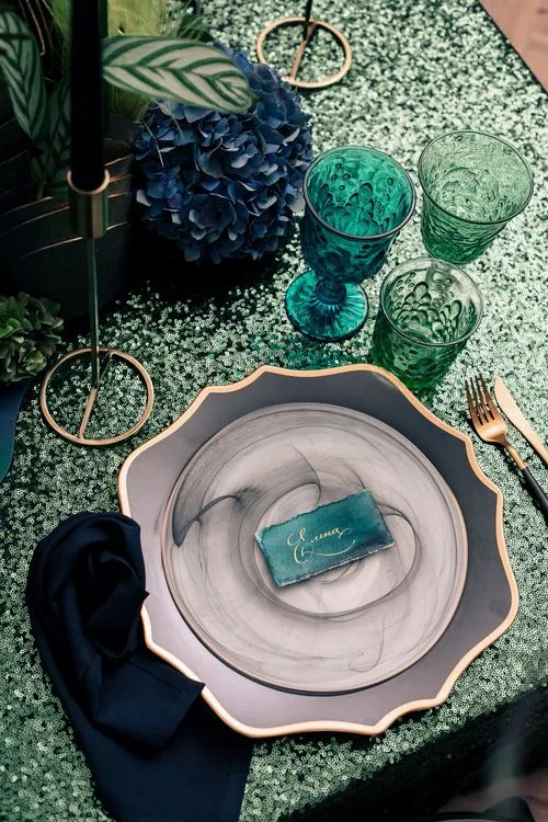 Blue-Green Sequin Gleam — Rectangular Tablescape
