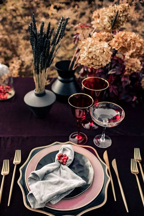 Burgundy outdoor table setting