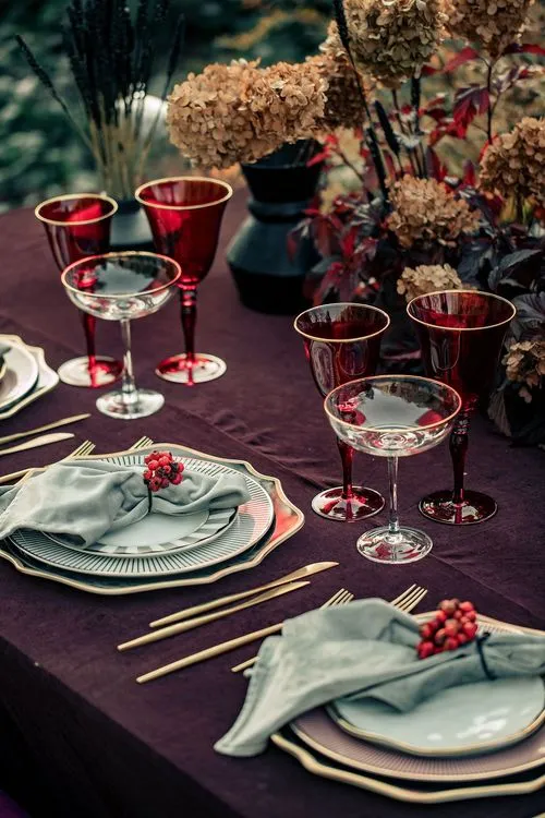Burgundy outdoor table setting