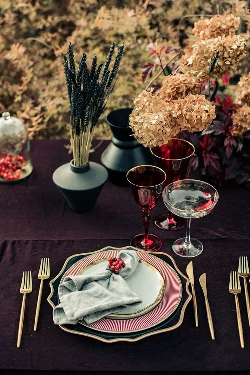 Burgundy outdoor table setting